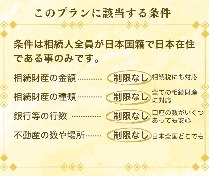 このプランに該当する条件 条件は相続人全員が日本国籍で日本在住 である事のみです。相続財産の金額は制限なし（相続税にも対応） 相続財産の種類も制限なし（全ての相続財産に対応） 銀行等の行数も制限なし（口座の数がいくつあっても安心） 不動産の数や場所 も制限なし（日本全国どこでも）