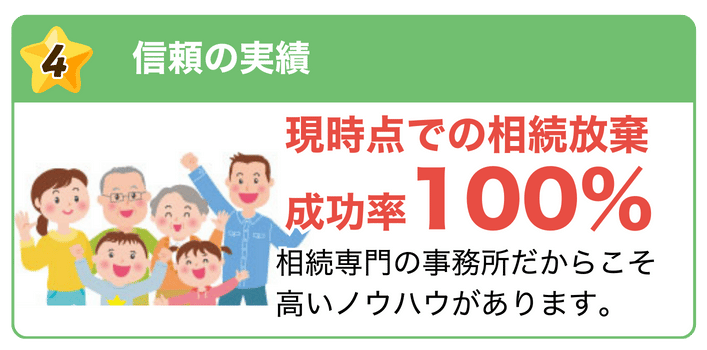 信頼の実績 現時点での相続放棄成功率100% 相続専門の事務所だからこそ高いノウハウがあります。