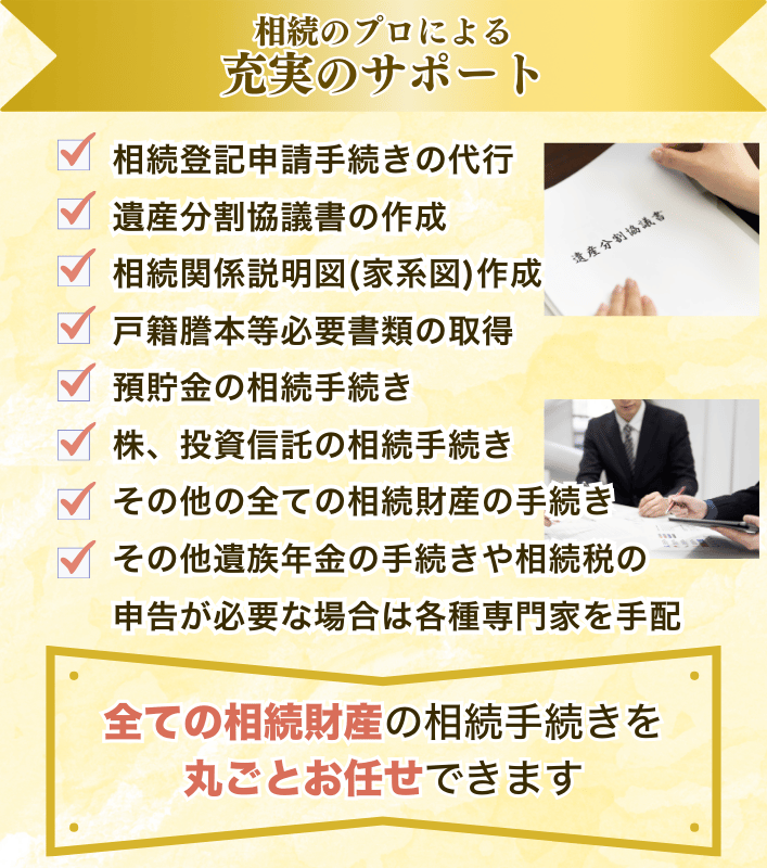 相続のプロによる徹底サポート ご相談、ヒアリング 相続人調査(戸籍謄本、住民票の取得) 収集した戸籍のチェック業務 相続関係説明図(家系図)作成 不動産の評価証明書取得 証券会社の残高証明書取得 遺産分割協議書の作成 不動産の名義変更(相続登記申請・回収) 預貯金の解約手続き 株の解約手続き 投資信託の解約手続き 権利証の作成 その他遺族年金の手続きや相続税の申告が必要な場合は各種専門家を手配 アフターフォロー